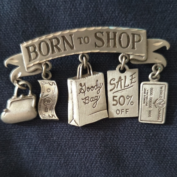 Vintage 1990's JJ Collectible 'Born to Shop' Pewter Brooch w 5 Dangling Charms - Picture 6 of 8